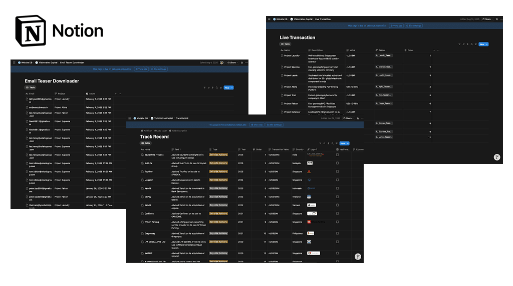 A Unified Backend: Managing complex datasets in one place. The 'Track Record' database powers the portfolio, 'Live Transactions' updates the deal flow, and the 'Email Teaser Downloader' automatically captures investor leads from the website.