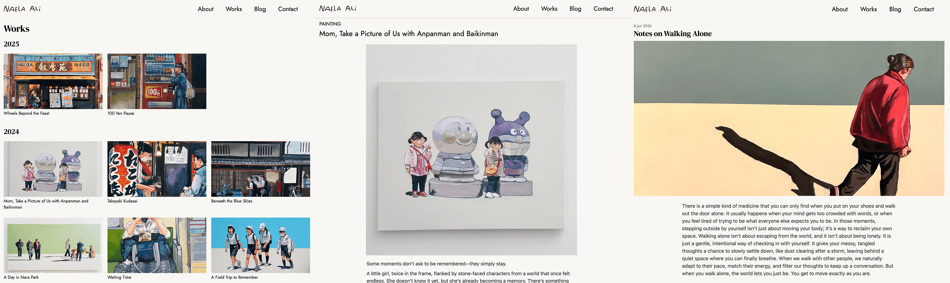 A unified view of the core platform interfaces, showcasing the seamless navigation between the curated artwork gallery, high-fidelity painting details, and minimal blog layouts.